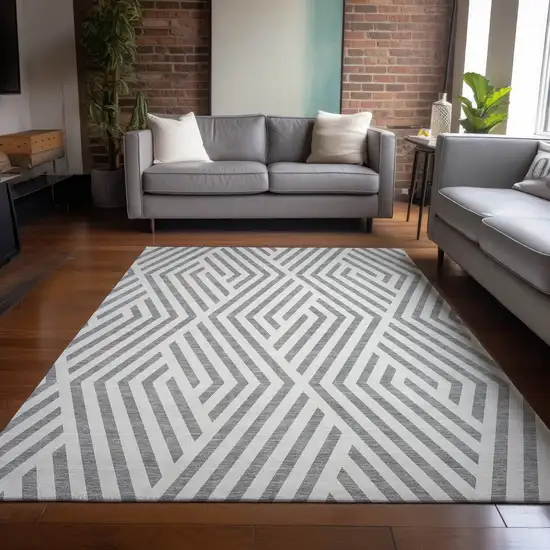 Gray And Ivory Geometric Washable Indoor Outdoor Area Rug Photo 9