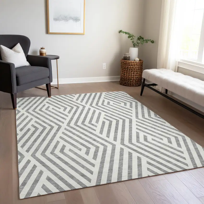 Gray And Ivory Geometric Washable Indoor Outdoor Area Rug Photo 9