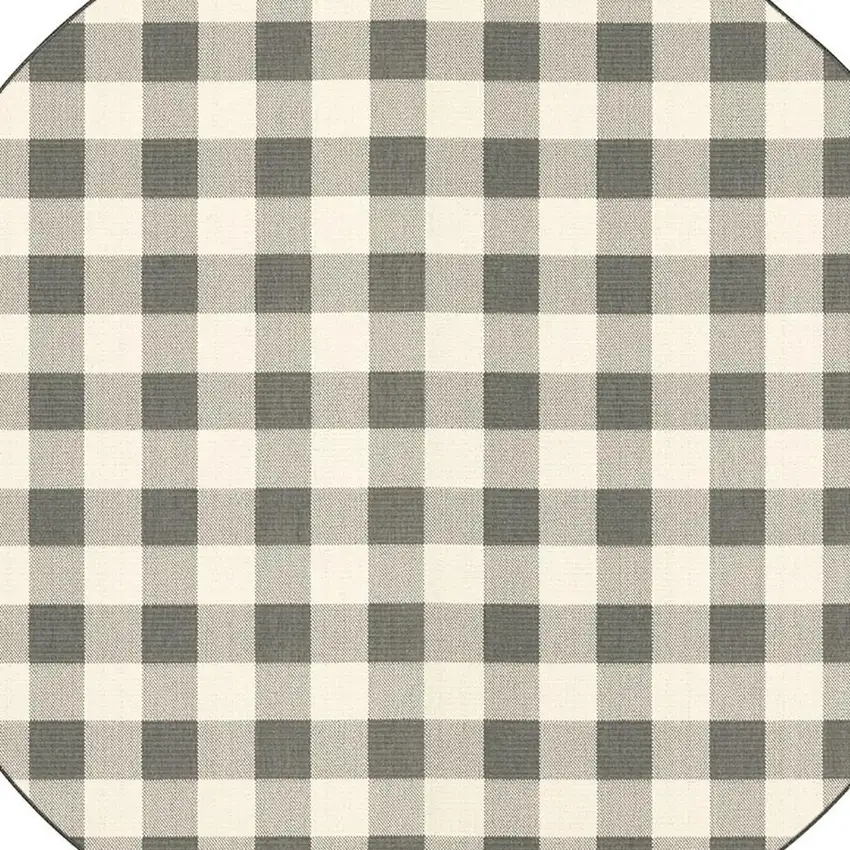 8' Gray And Ivory Round Gingham Indoor Outdoor Area Rug Photo 3