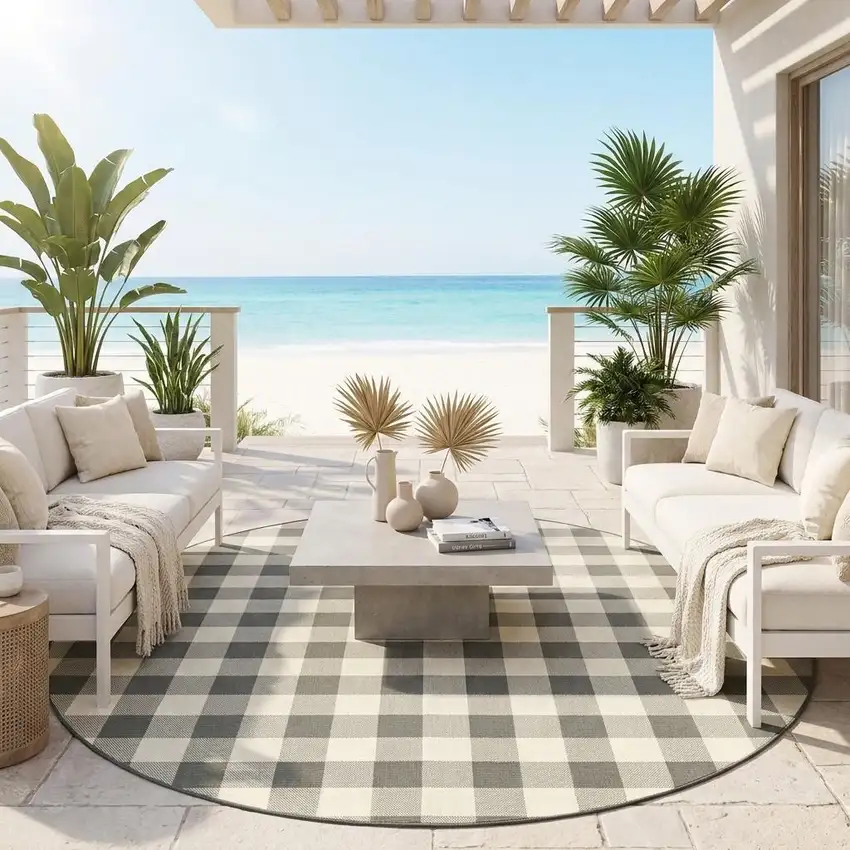 8' Gray And Ivory Round Gingham Indoor Outdoor Area Rug Photo 1