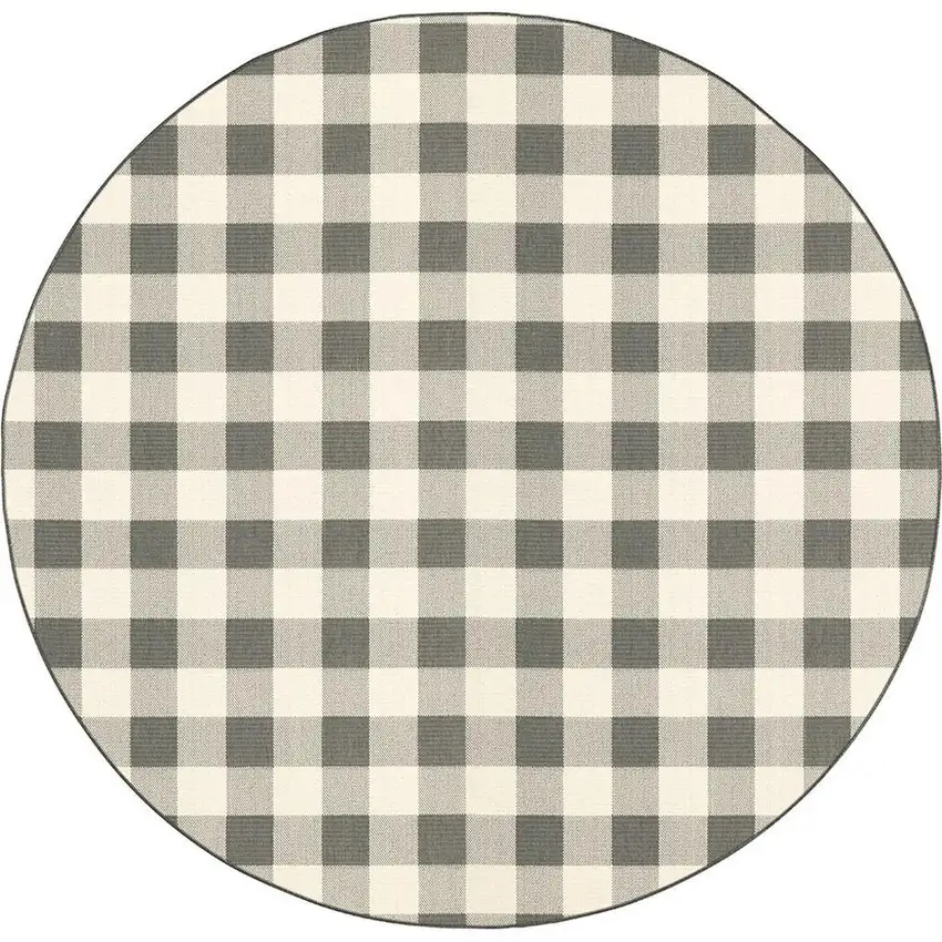 8' Gray And Ivory Round Gingham Indoor Outdoor Area Rug Photo 4