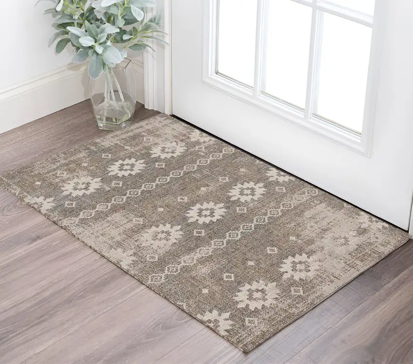 Gray and Ivory Ikat Power Loom Distressed Area Rug Photo 1