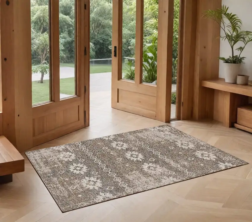 Gray and Ivory Ikat Power Loom Distressed Area Rug Photo 1