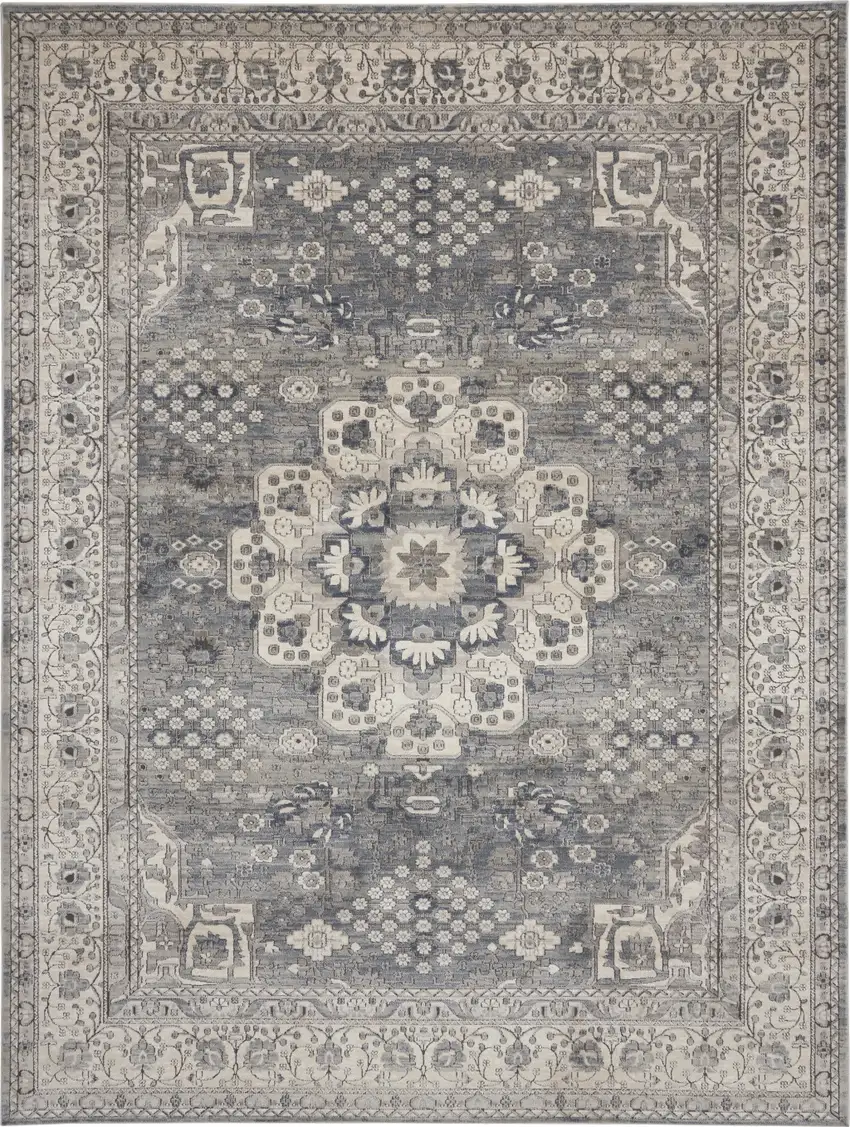 Gray and Ivory Medallion Power Loom Area Rug Photo 2