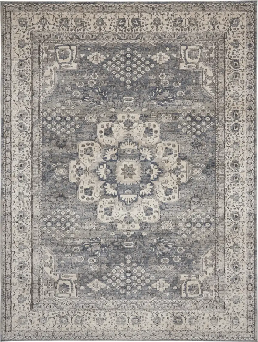 Gray and Ivory Medallion Power Loom Area Rug Photo 2