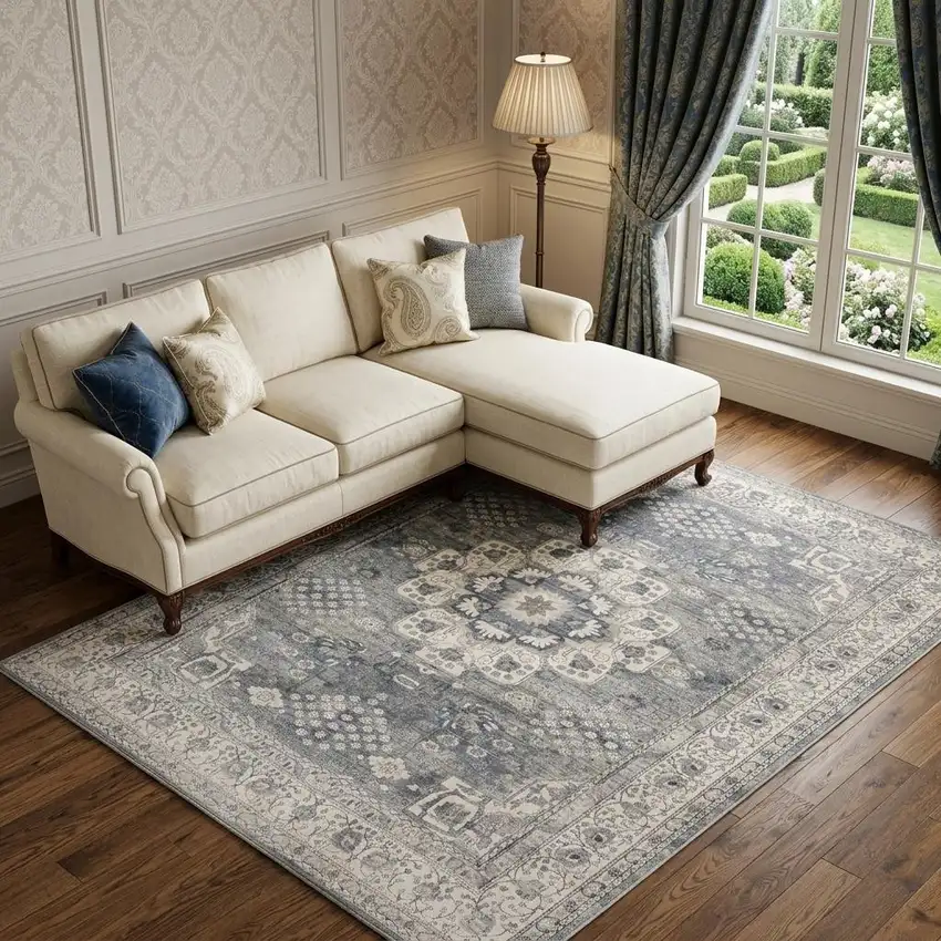 Gray and Ivory Medallion Power Loom Area Rug Photo 1