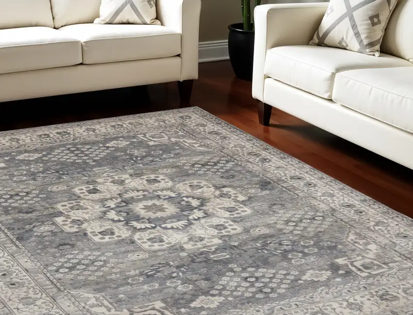 Gray and Ivory Medallion Power Loom Area Rug Photo 1