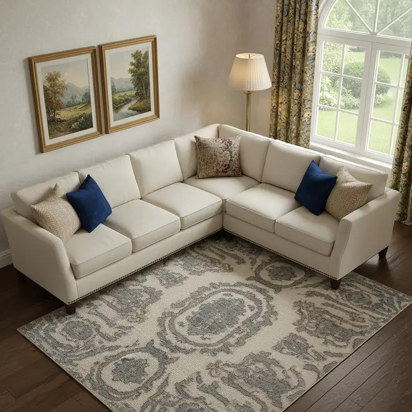 Gray and Ivory Medallion Power Loom Area Rug Photo 1