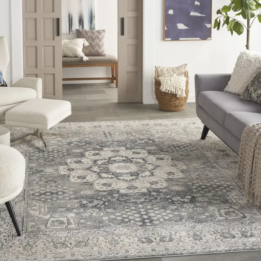 Gray and Ivory Medallion Power Loom Area Rug Photo 4