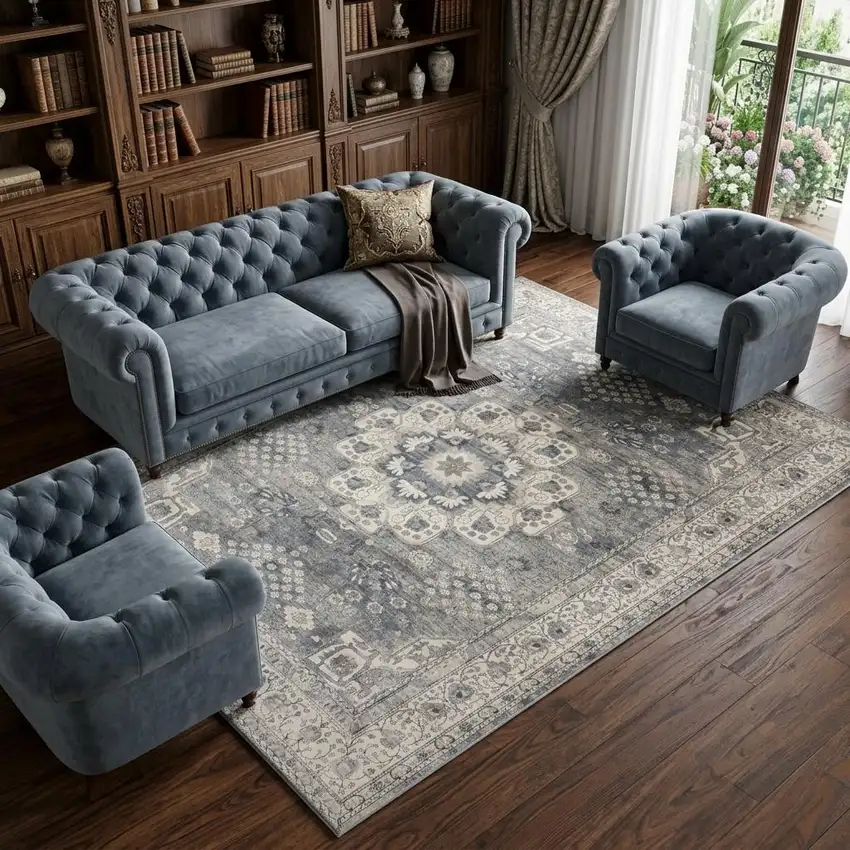 Gray and Ivory Medallion Power Loom Area Rug Photo 1