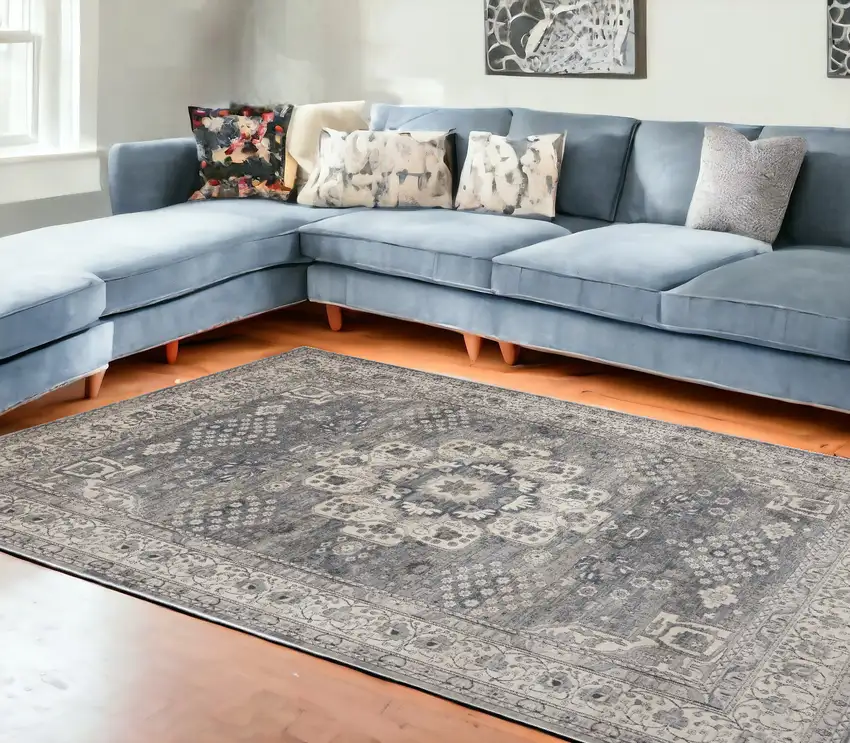 Gray and Ivory Medallion Power Loom Area Rug Photo 4