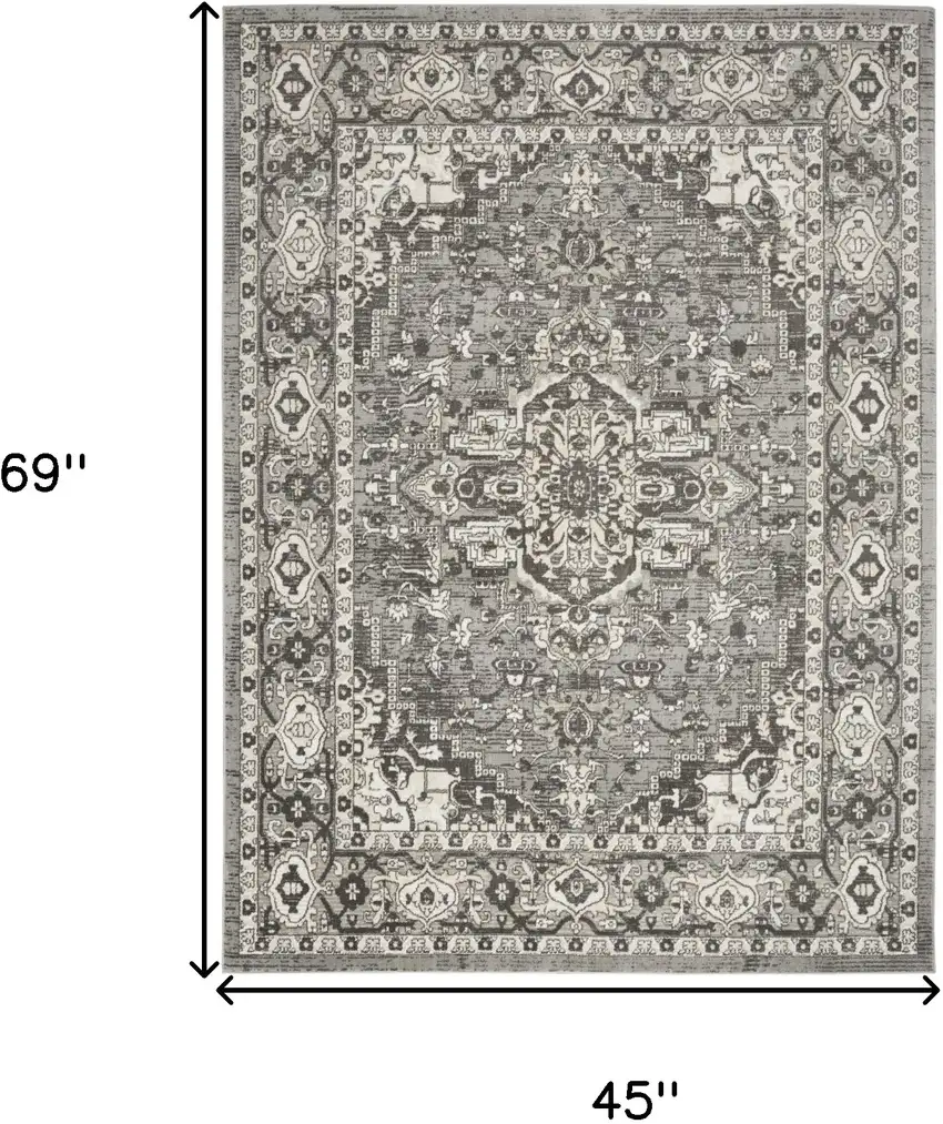 Gray and Ivory Medallion Power Loom Distressed Area Rug Photo 3