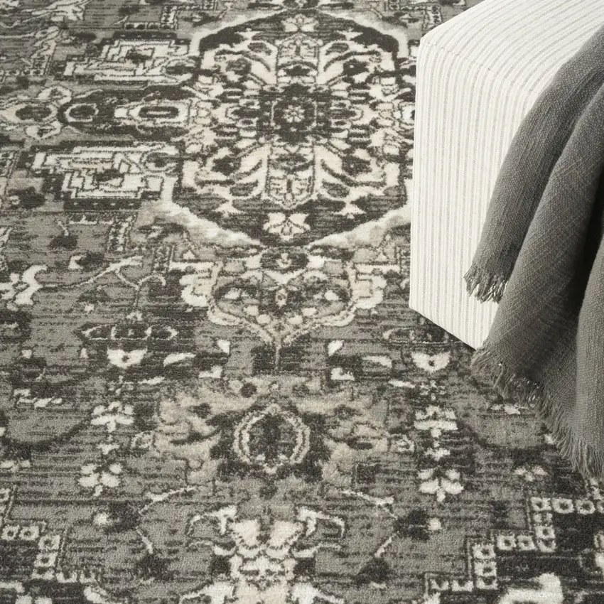 Gray and Ivory Medallion Power Loom Distressed Area Rug Photo 8