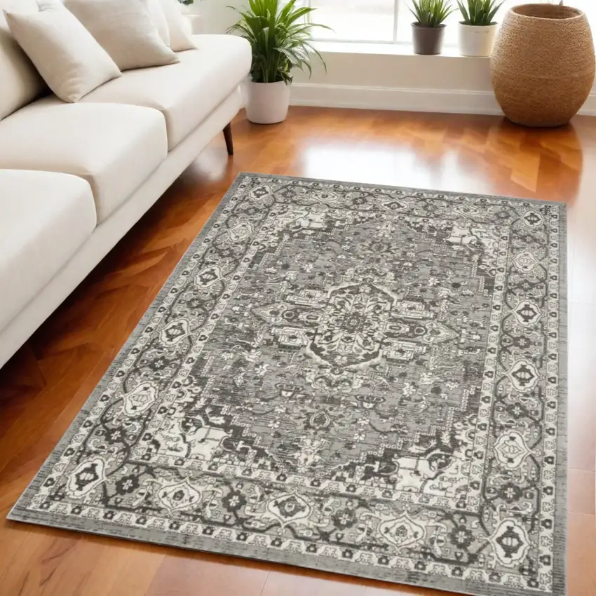 Gray and Ivory Medallion Power Loom Distressed Area Rug Photo 2