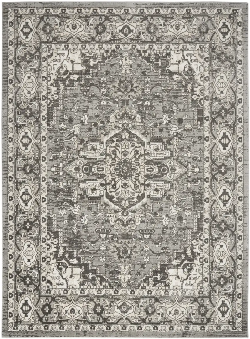 Gray and Ivory Medallion Power Loom Distressed Area Rug Photo 1