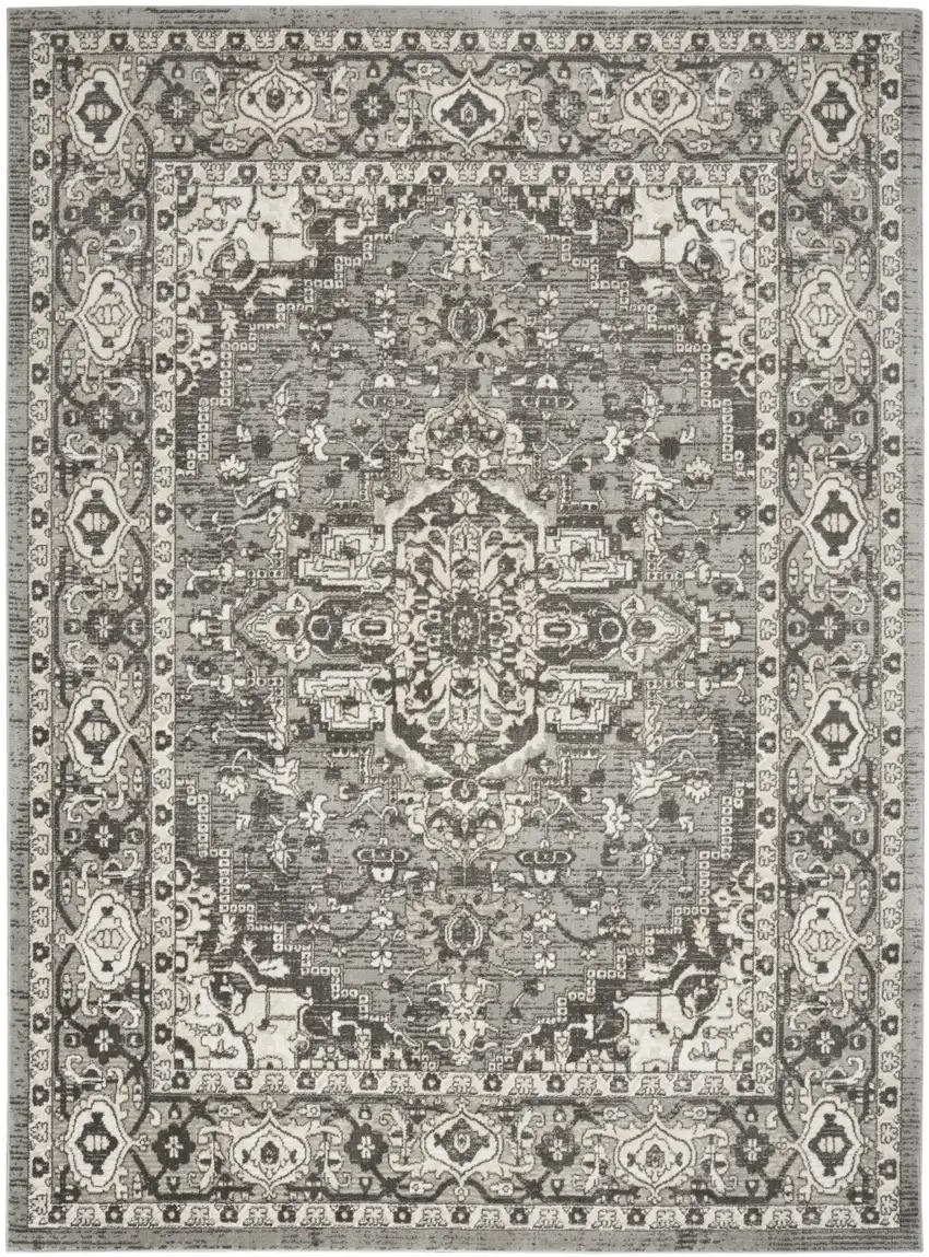 Gray and Ivory Medallion Power Loom Distressed Area Rug Photo 9