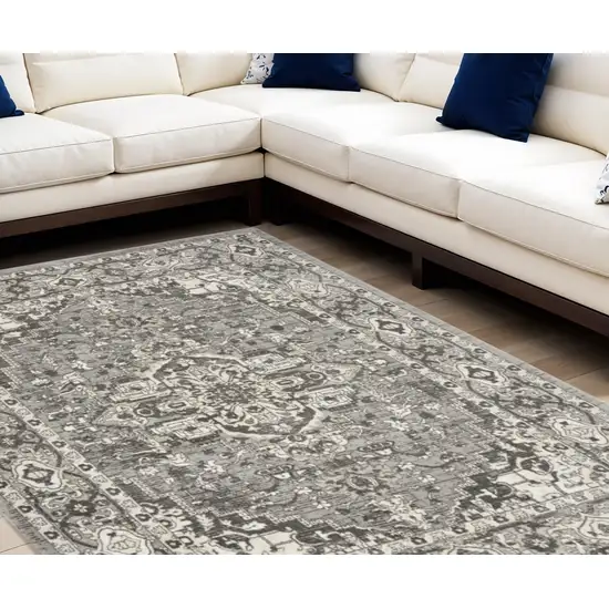 Gray and Ivory Medallion Power Loom Distressed Area Rug Photo 1