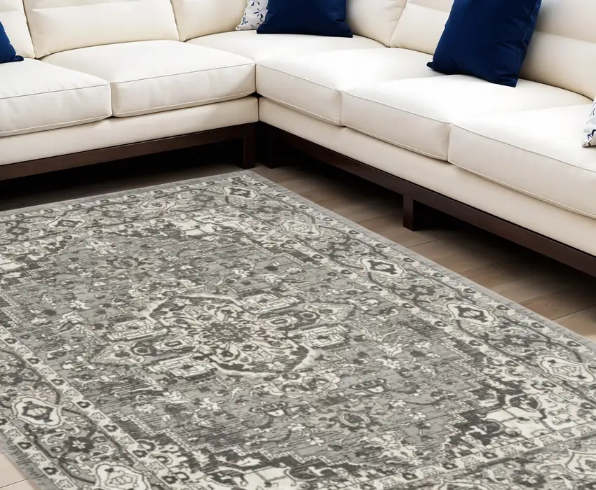 Gray and Ivory Medallion Power Loom Distressed Area Rug Photo 1