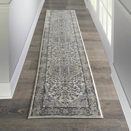 16' Gray And Ivory Medallion Distressed Runner Rug Photo 5