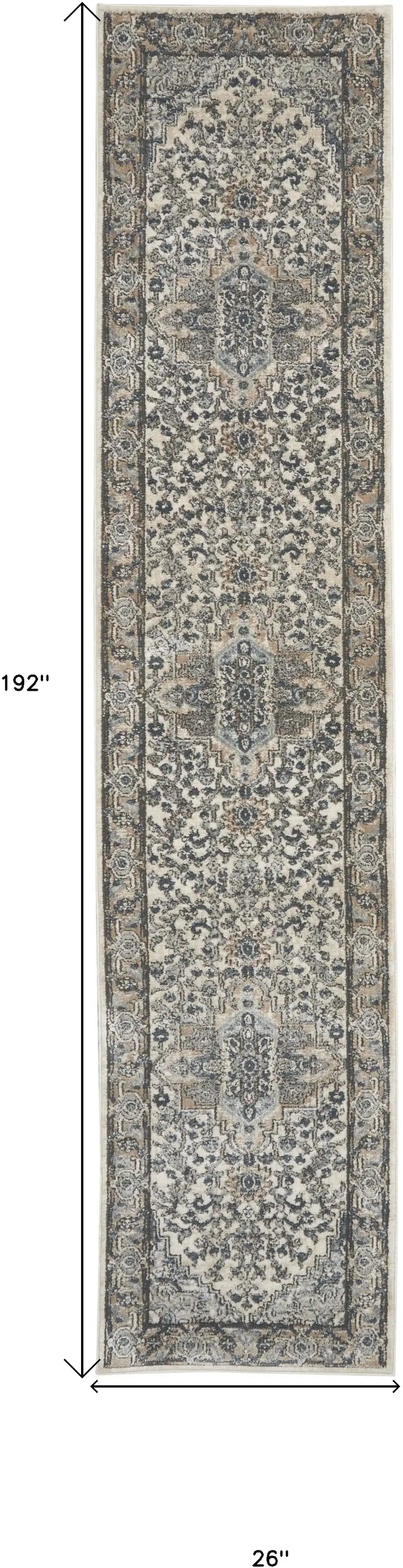 Gray and Ivory Medallion Power Loom Distressed Runner Rug Photo 3