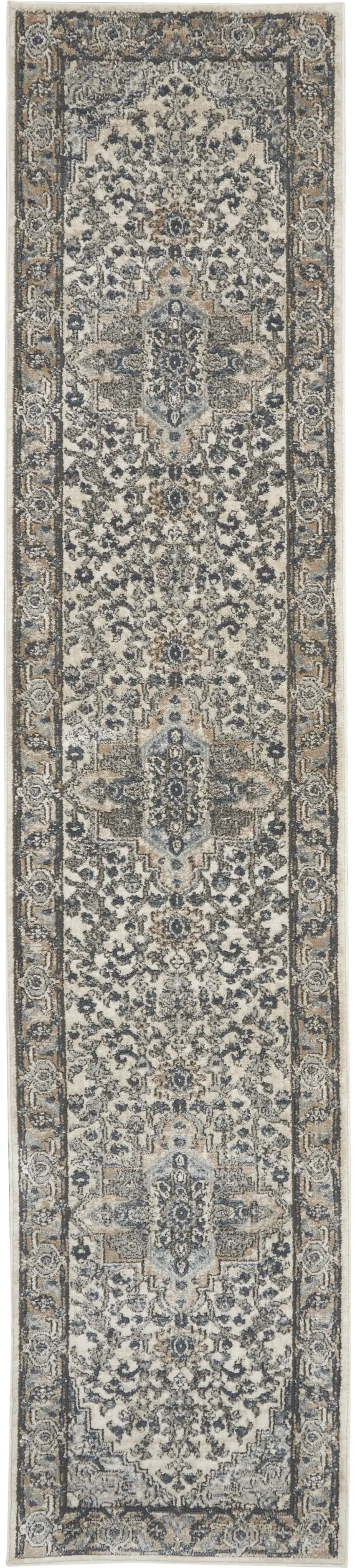 Gray and Ivory Medallion Power Loom Distressed Runner Rug Photo 2