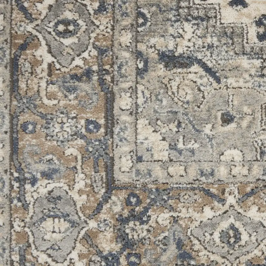 Gray and Ivory Medallion Power Loom Distressed Runner Rug Photo 4
