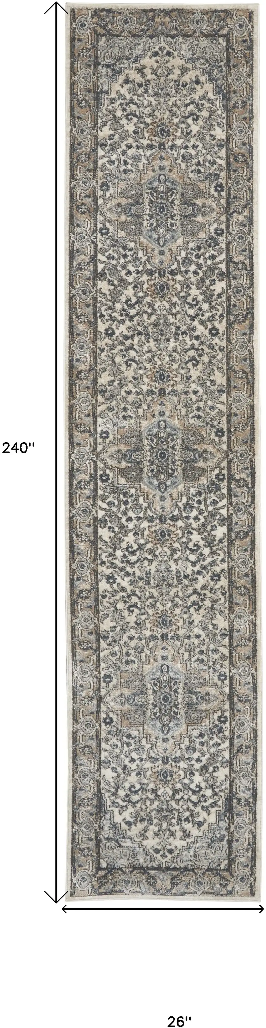 Gray and Ivory Medallion Power Loom Distressed Runner Rug Photo 3