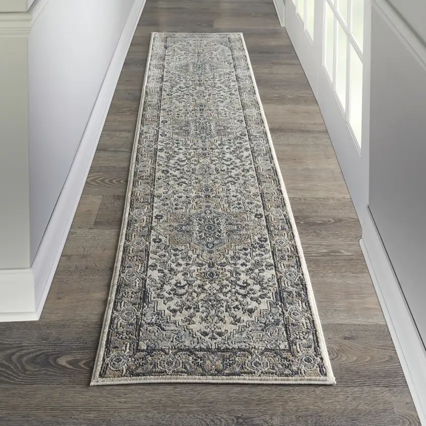 20' Gray And Ivory Medallion Distressed Runner Rug Photo 5