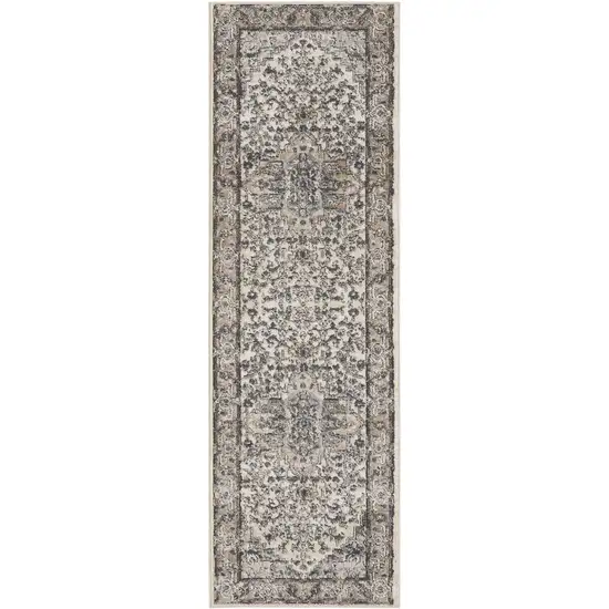 Gray and Ivory Medallion Power Loom Distressed Runner Rug Photo 2