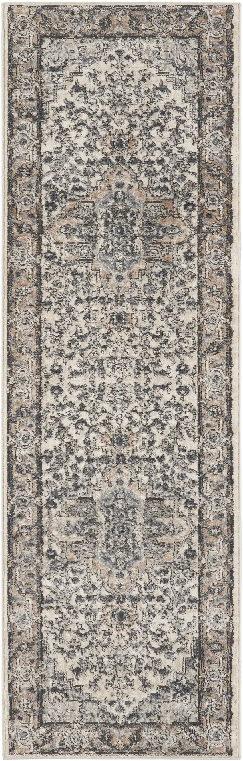 Gray and Ivory Medallion Power Loom Distressed Runner Rug Photo 2