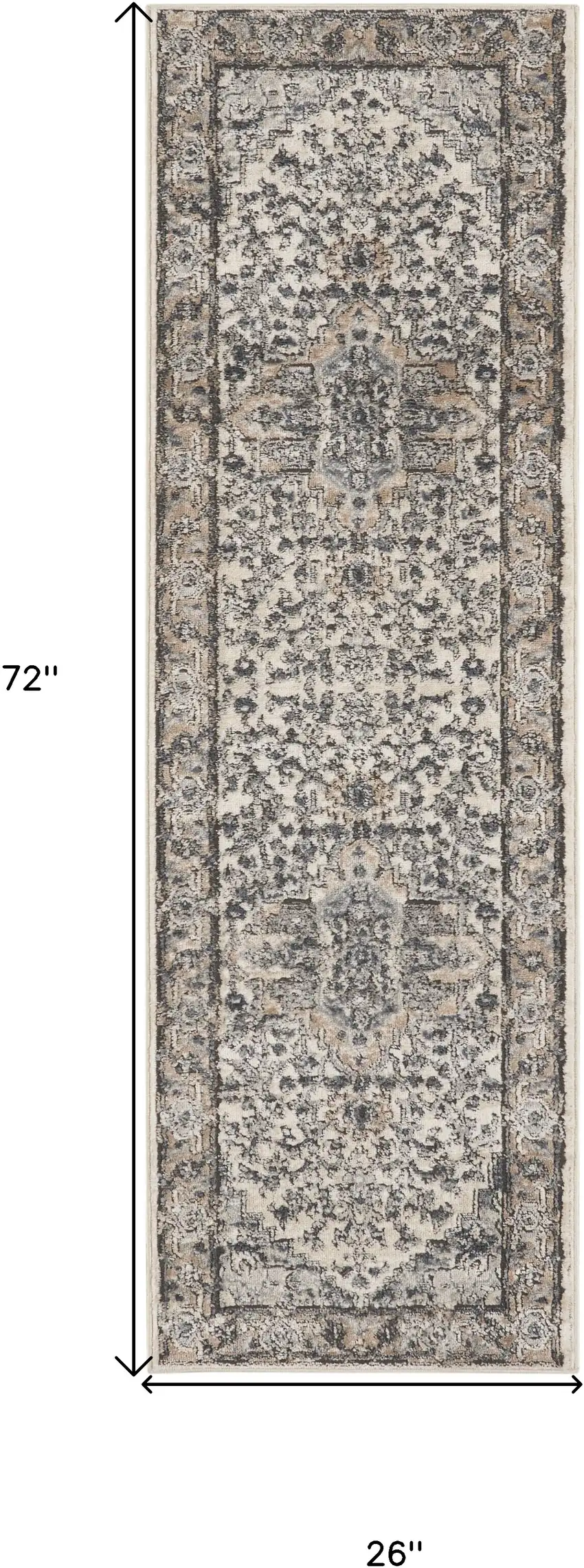 Gray and Ivory Medallion Power Loom Distressed Runner Rug Photo 3