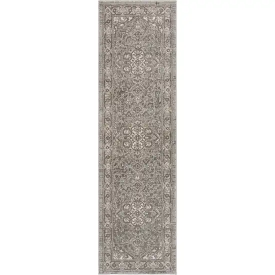 Gray and Ivory Medallion Power Loom Distressed Runner Rug Photo 2