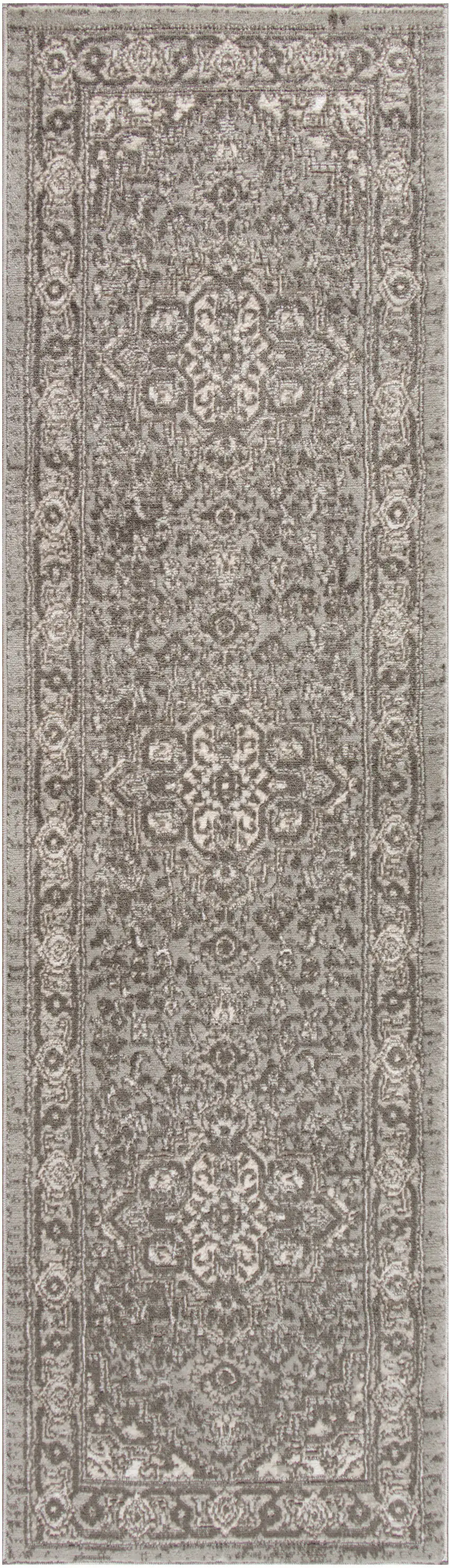 Gray and Ivory Medallion Power Loom Distressed Runner Rug Photo 2