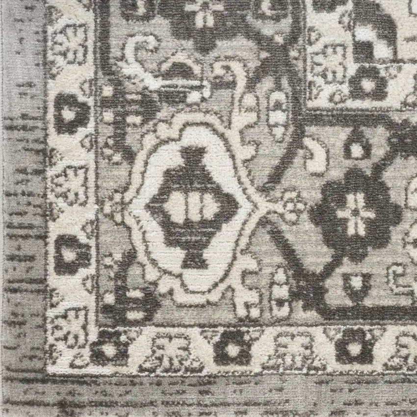 Gray and Ivory Medallion Power Loom Distressed Runner Rug Photo 8