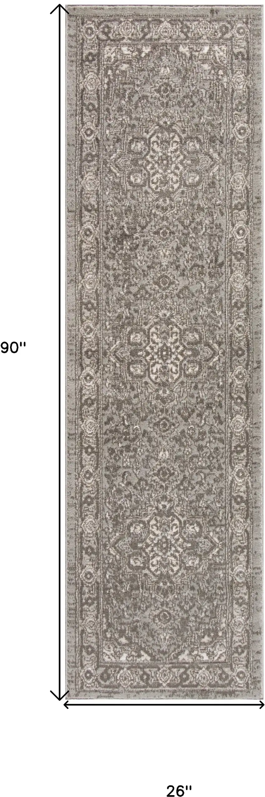 Gray and Ivory Medallion Power Loom Distressed Runner Rug Photo 3