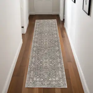 Photo of Gray and Ivory Medallion Power Loom Distressed Runner Rug