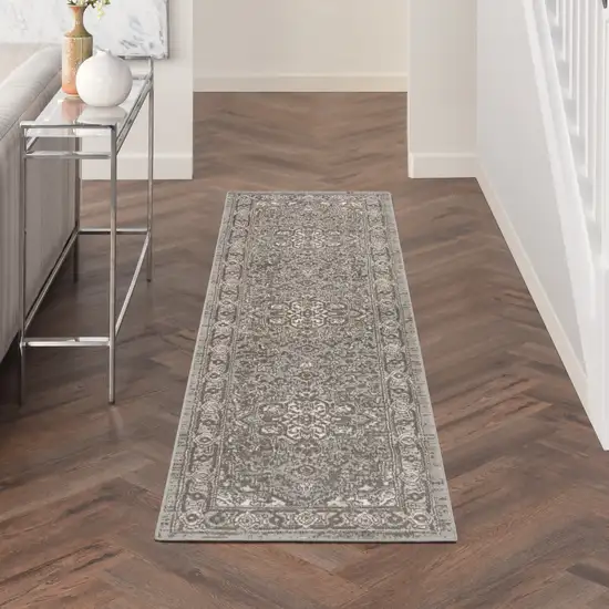 Gray and Ivory Medallion Power Loom Distressed Runner Rug Photo 9