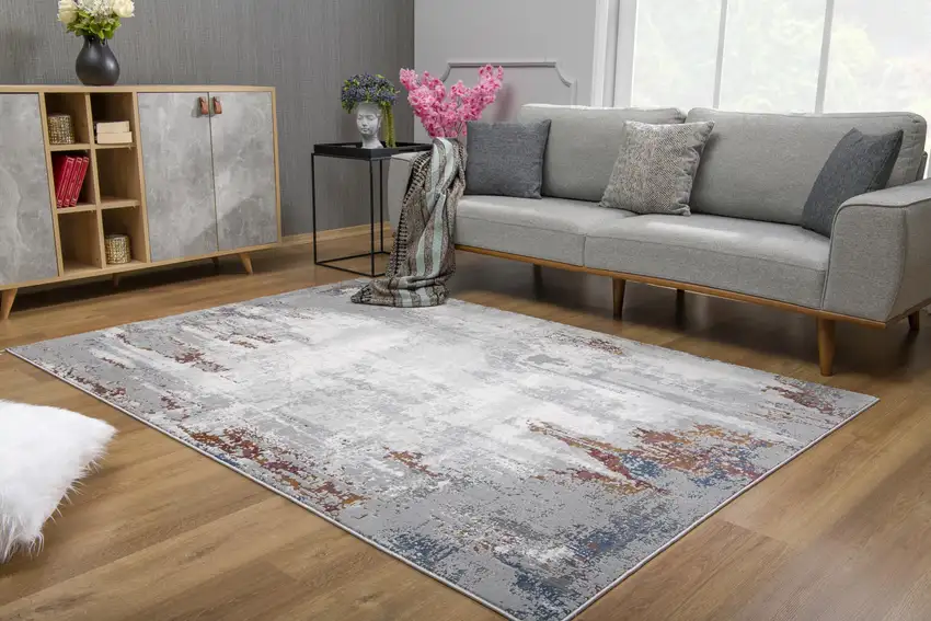 Gray and Ivory Modern Abstract Area Rug Photo 11