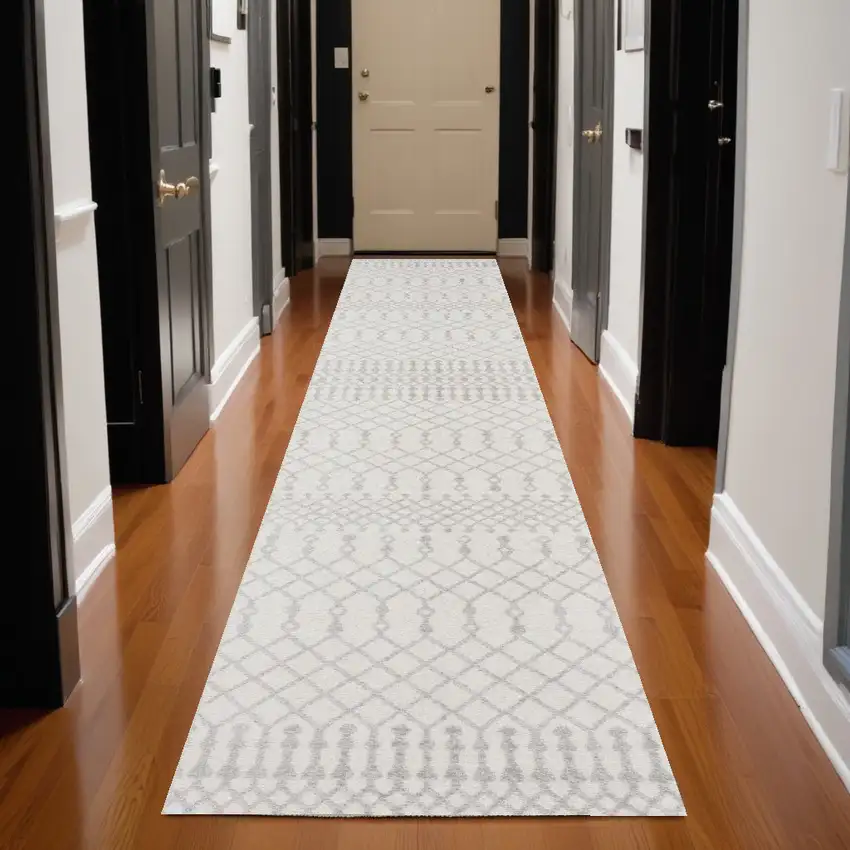 Gray and Ivory Moroccan Power Loom Washable Runner Rug Photo 1