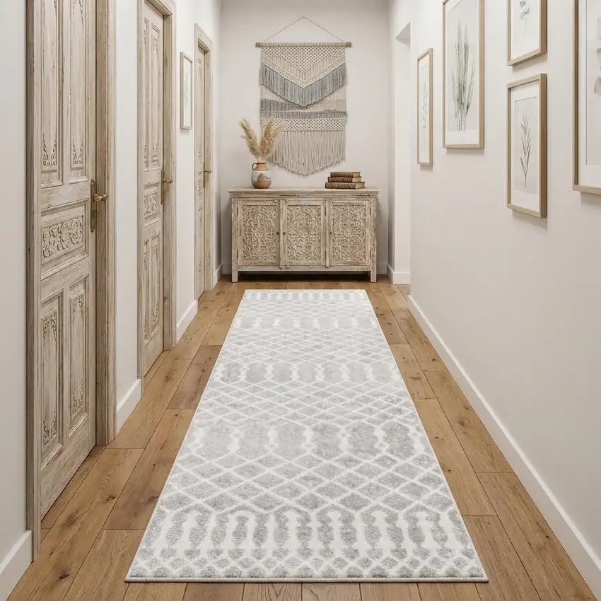 10' Gray And Ivory Moroccan Washable Runner Rug Photo 1