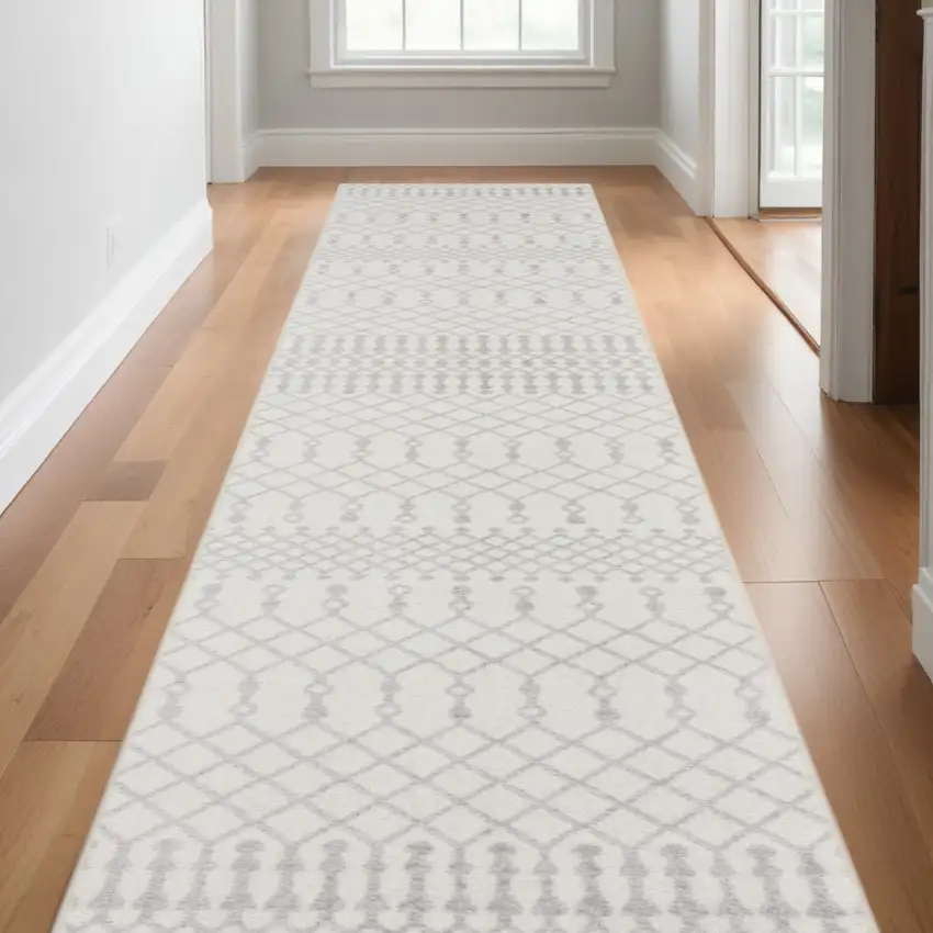 Gray and Ivory Moroccan Power Loom Washable Runner Rug Photo 1