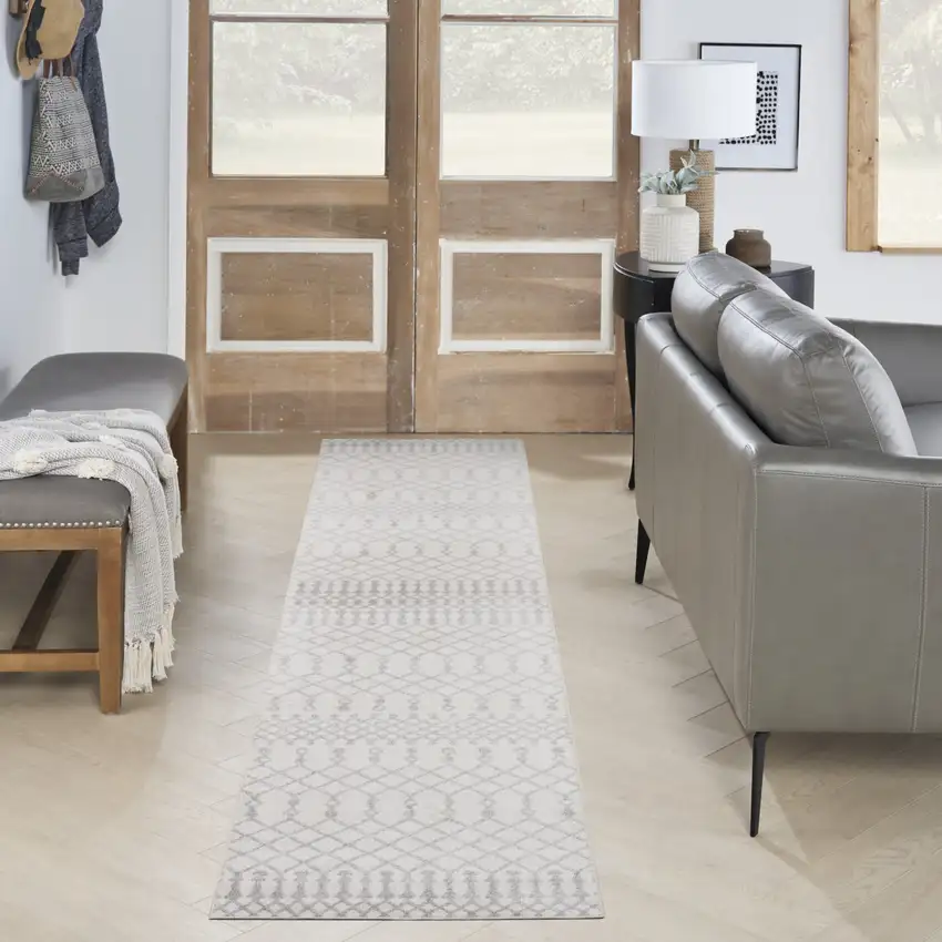 Gray and Ivory Moroccan Power Loom Washable Runner Rug Photo 7