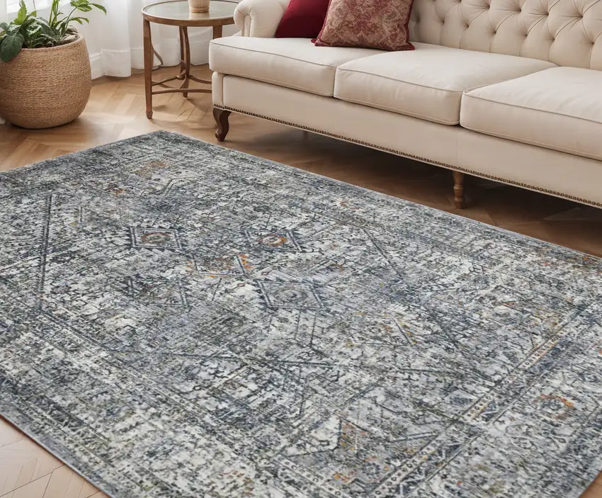 Ivory Navy and Orange Oriental Power Loom Area Rug Photo 1