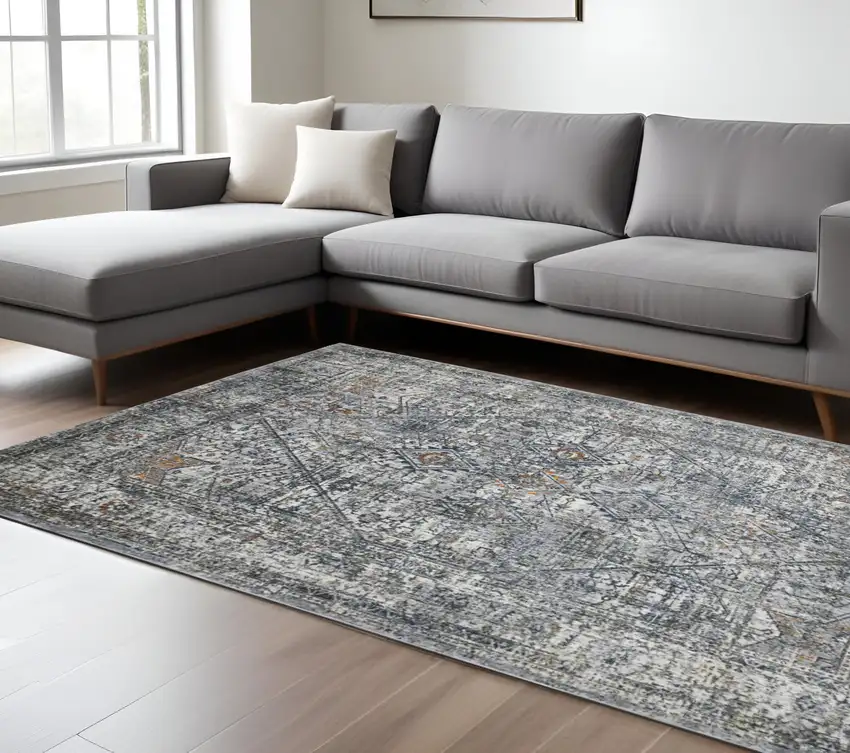 Ivory Navy and Orange Oriental Power Loom Area Rug Photo 1