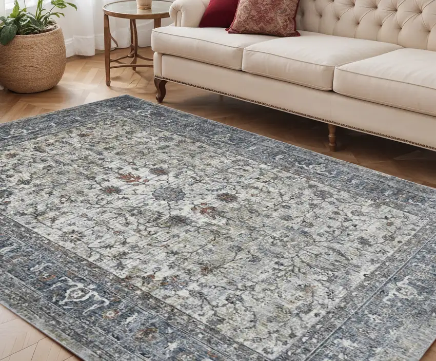 Ivory Blue and Gray Oriental Power Loom Area Rug Photo 1