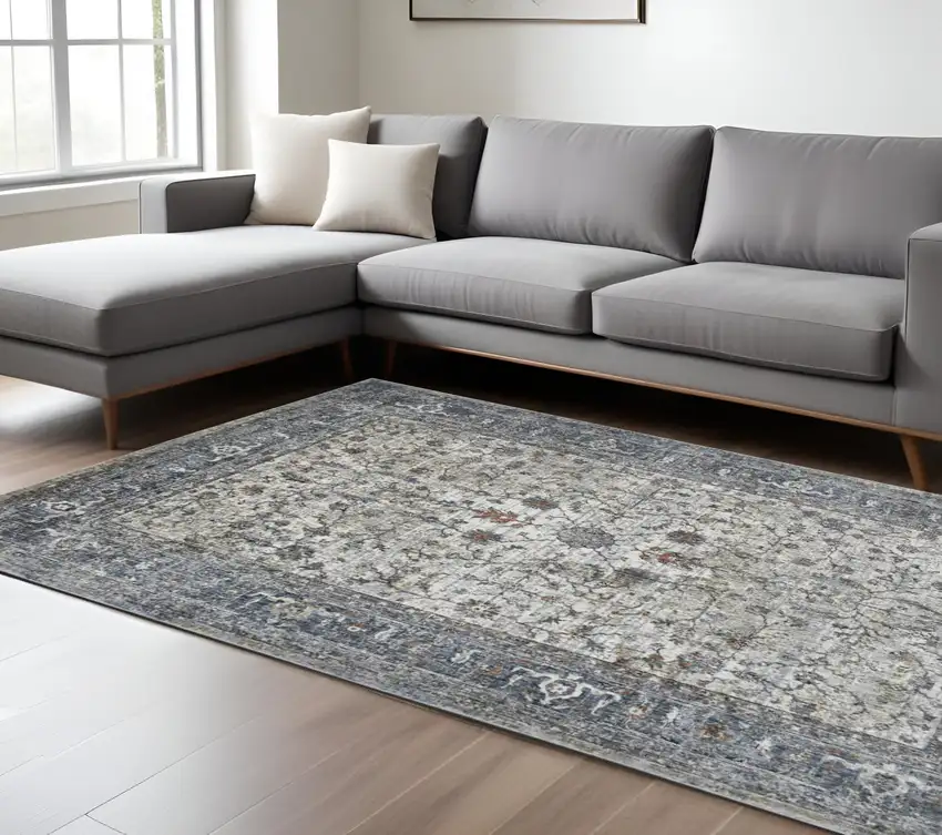 Ivory Blue and Gray Oriental Power Loom Area Rug Photo 1