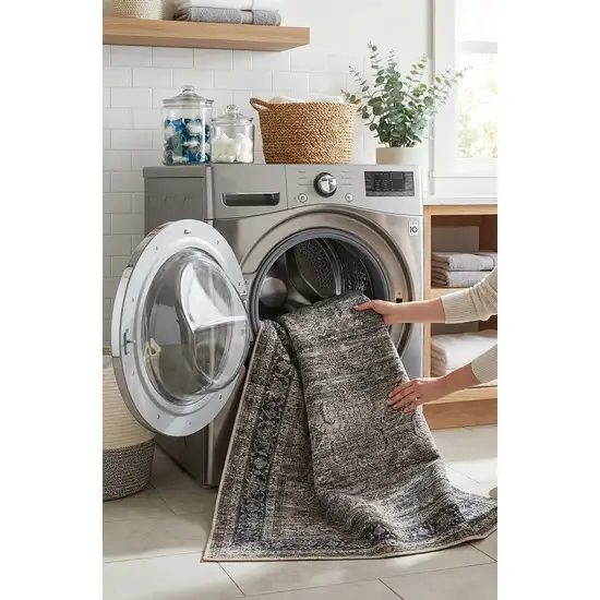 Gray and Ivory Oriental Power Loom Distressed Washable Area Rug Photo 9