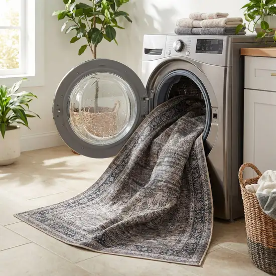 Gray and Ivory Oriental Power Loom Distressed Washable Area Rug Photo 8