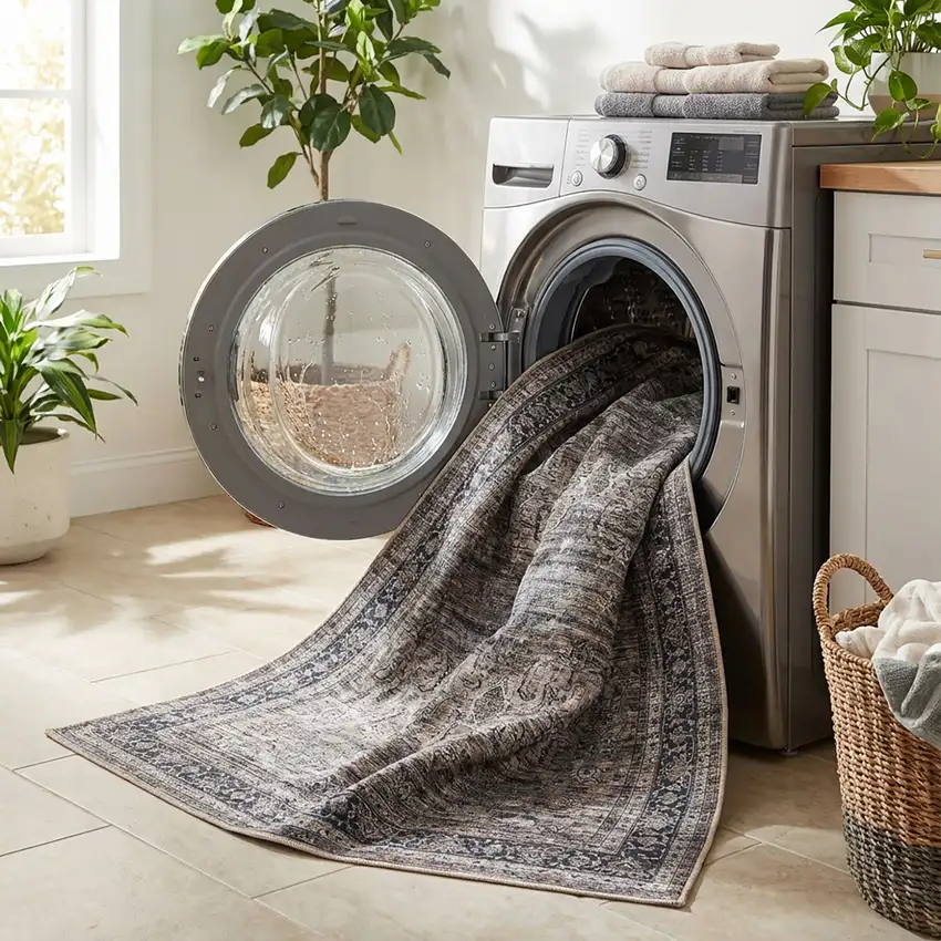 Gray and Ivory Oriental Power Loom Distressed Washable Area Rug Photo 8