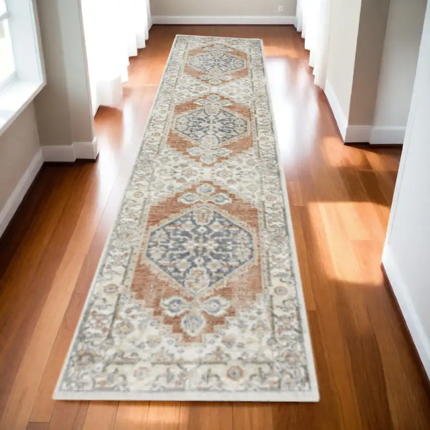 Gray and Ivory Oriental Power Loom Distressed Washable Runner Rug Photo 2